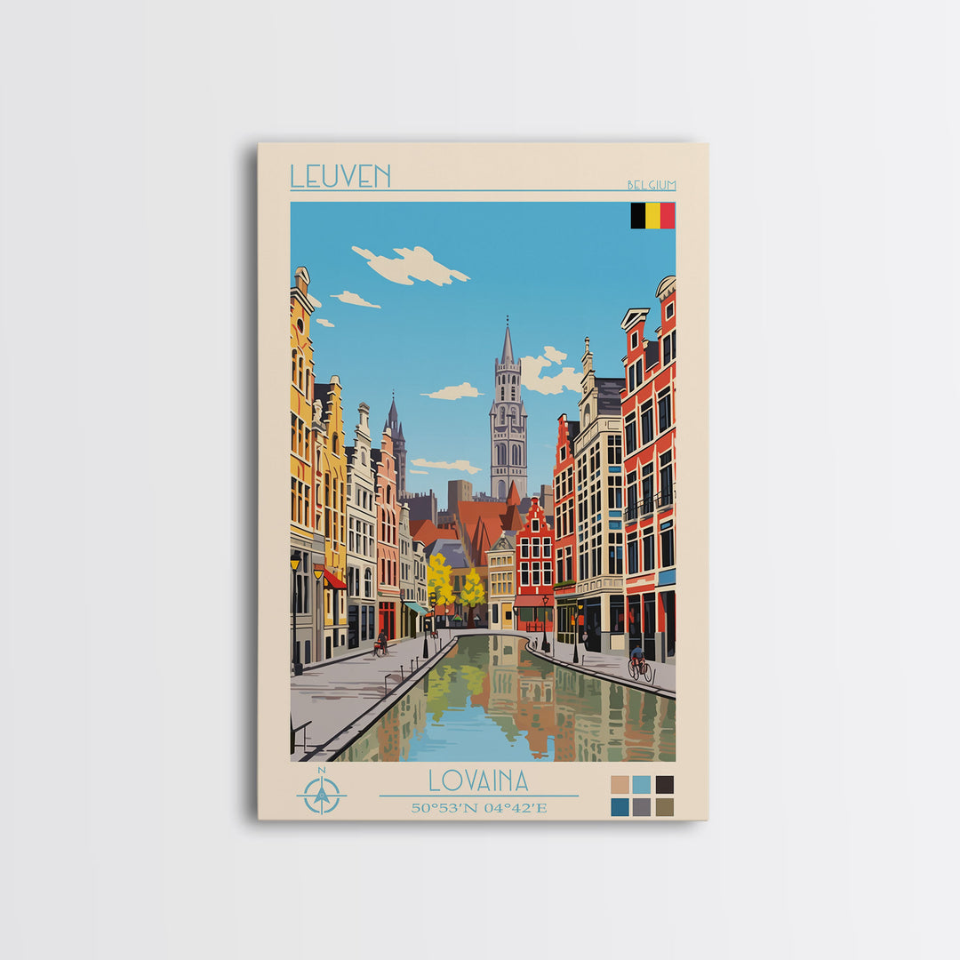 Leuven Belgium Travel Poster Framed Canvas Print, Midcentury Modern Art, Pop Art Wall Decor, Home Decor, Vacation Gift, Bedroom Art