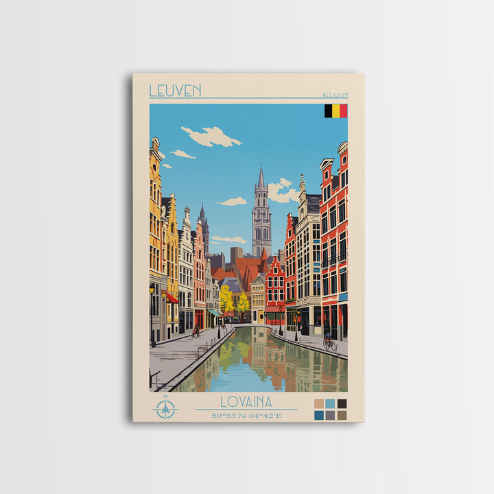 Leuven Belgium Travel Poster Framed Canvas Print, Midcentury Modern Art, Pop Art Wall Decor, Home Decor, Vacation Gift, Bedroom Art