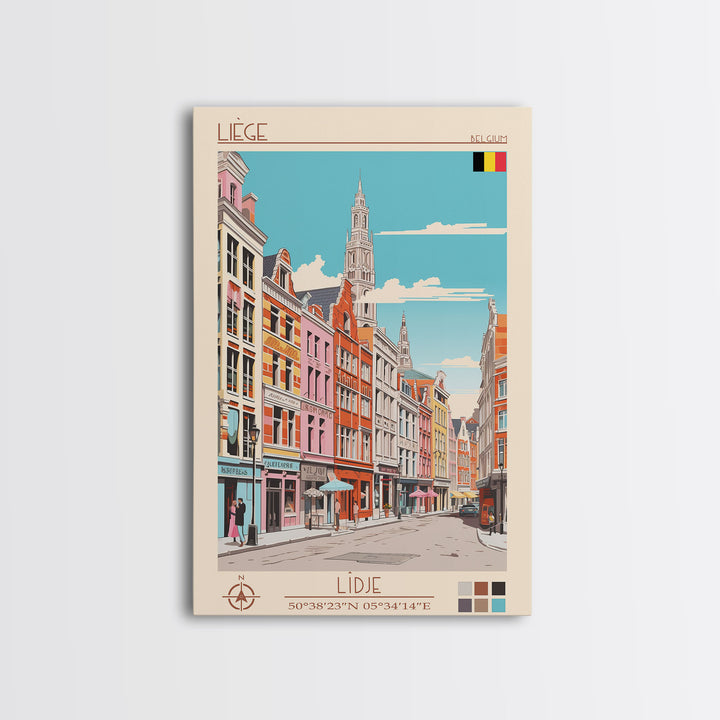 Liège Belgium Travel Poster Framed Canvas Print, Midcentury Modern Art, Pop Art Wall Decor, Scenic Art, Home and Office Decoration