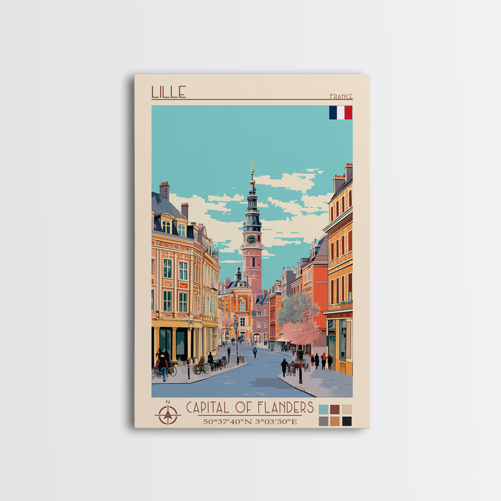 Lille France Travel Poster Framed Canvas Print, Midcentury Modern Art, Pop Art Wall Decor, Scenic Wall Art, Bedroom Decoration, Office Art