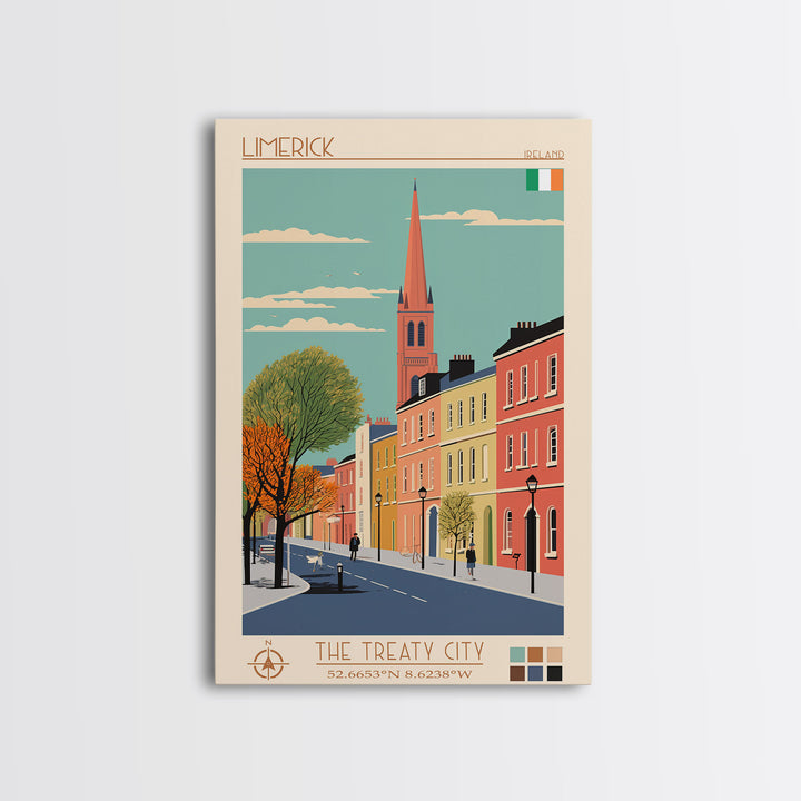 Limerick Ireland Travel Poster Framed Canvas Print, Wall Decor, Midcentury Modern Art, Pop Art, Scenic Art for Bedroom and Office