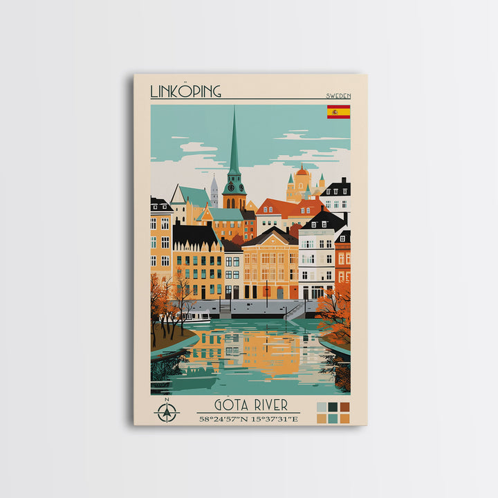 Linköping Sweden Travel Poster Framed Canvas Print, Midcentury Modern Art, Pop Art Wall Decor, Scenic Art, Home and Office Decoration