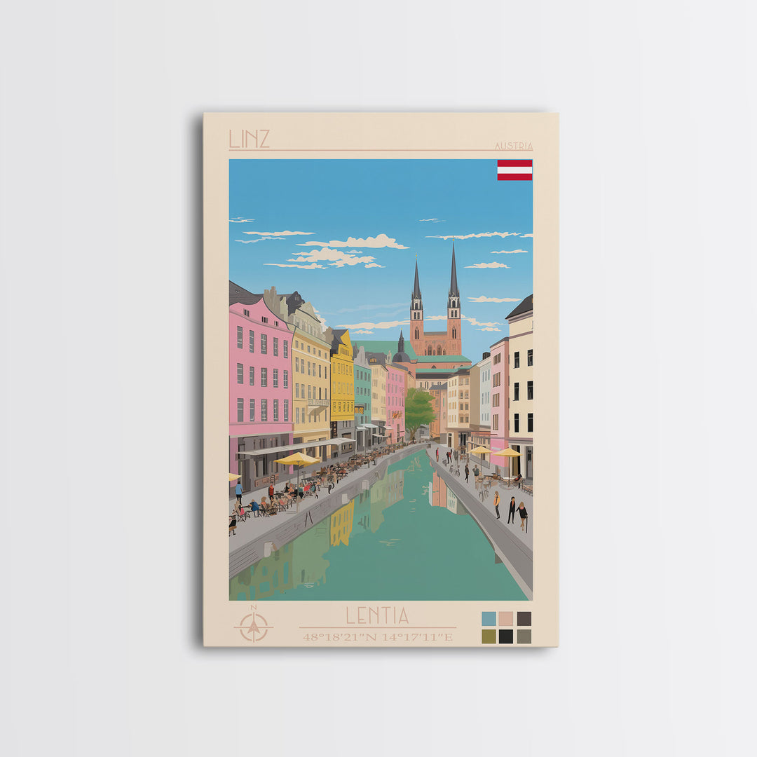 Linz Austria Travel Poster Framed Canvas Print, Wall Decor, Midcentury Modern Art, Pop Art, Scenic Art for Bedroom and Living Room