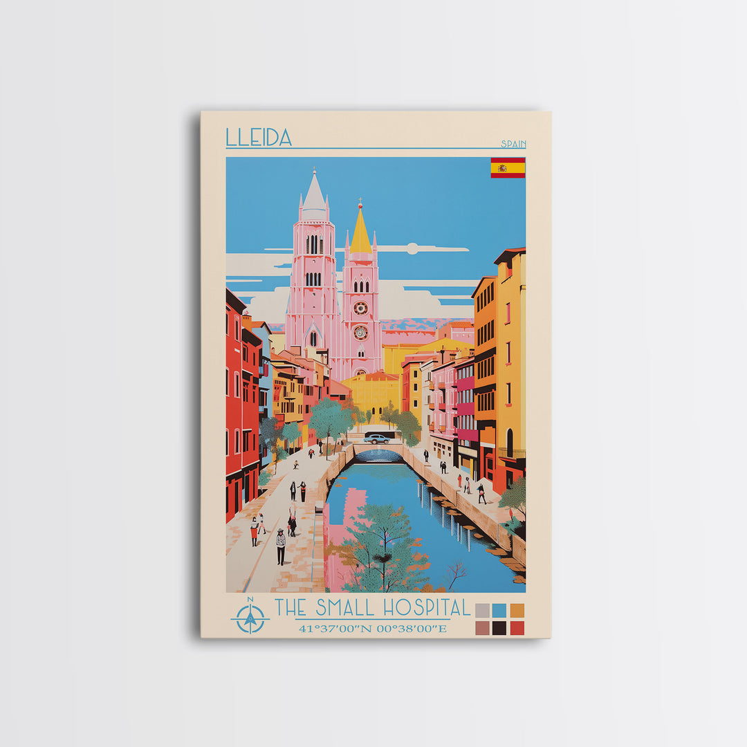 Lleida Spain Travel Poster Framed Canvas Print, Midcentury Modern Art, Pop Art Wall Decor, Scenic Art, Living Room and Office Gift