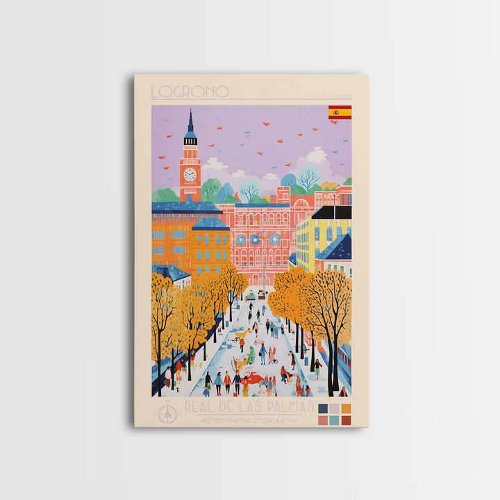 Logroño Spain Travel Poster Framed Canvas Print, Midcentury Modern Art, Pop Art Wall Decor, Scenic Art, Bedroom and Living Room Decor