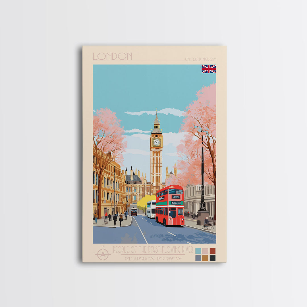London United Kingdom Travel Poster Framed Canvas Print, Wall Decor, Midcentury Modern Art, Pop Art, Scenic Art for Office and Home