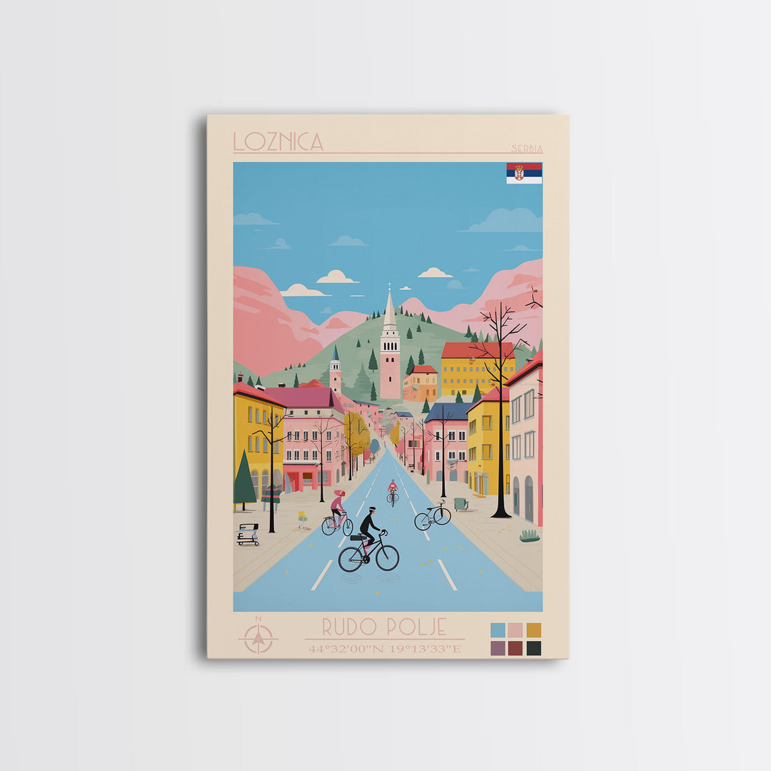 Loznica Serbia Travel Poster Framed Canvas Print, Midcentury Modern Art, Pop Art Wall Decor, Scenic Art, Home and Office Decoration
