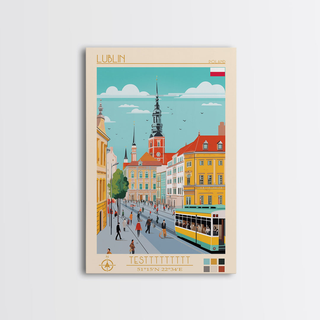 Lublin Poland Travel Poster Framed Canvas Print, Wall Decor, Midcentury Modern Art, Pop Art, Scenic Art for Bedroom and Living Room