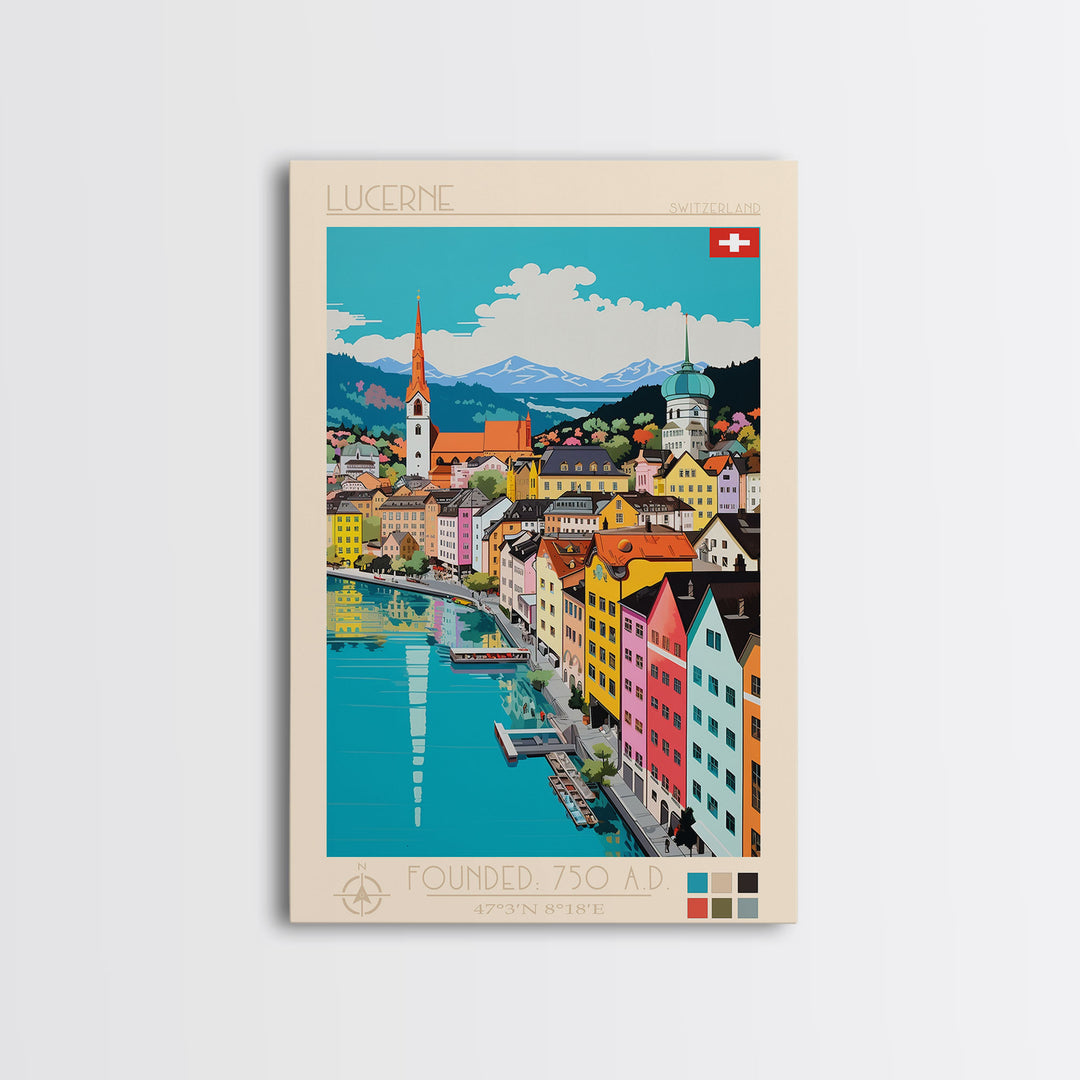 Lucerne Switzerland Travel Poster Framed Canvas Print, Midcentury Modern Art, Pop Art Wall Decor, Scenic Art, Living Room and Office Gift