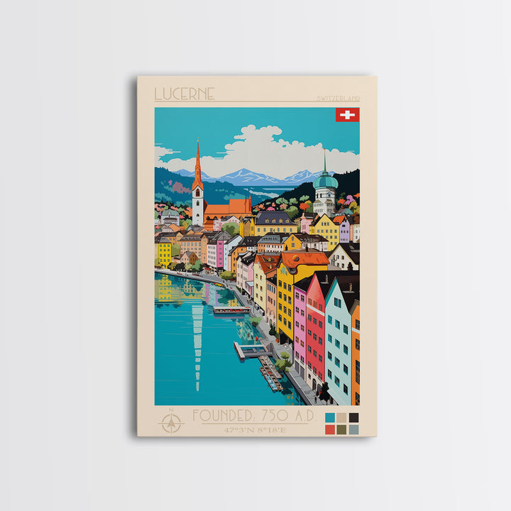 Lucerne Switzerland Travel Poster Framed Canvas Print, Midcentury Modern Art, Pop Art Wall Decor, Scenic Art, Living Room and Office Gift