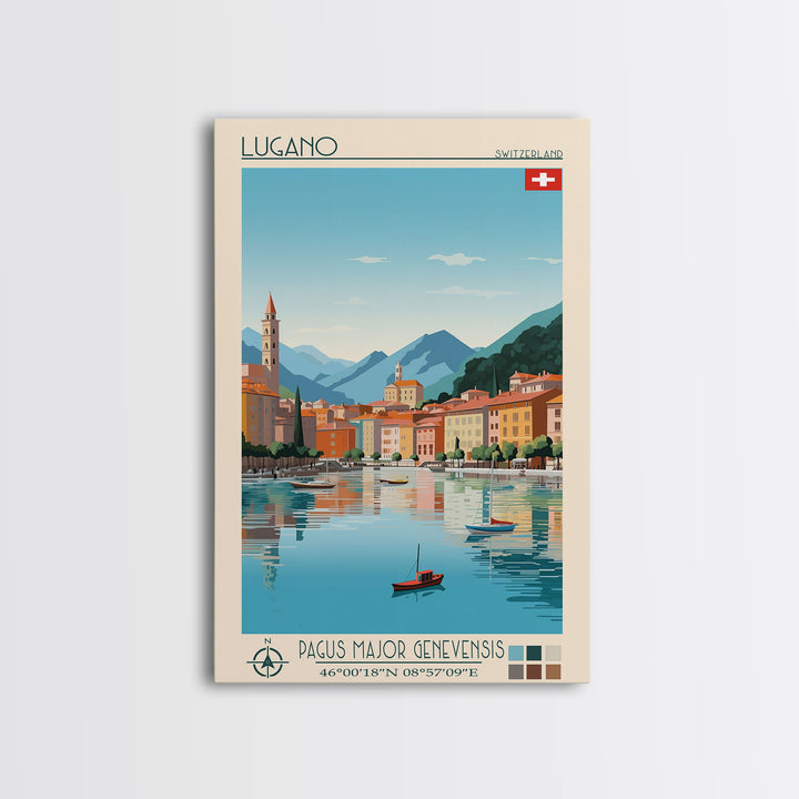 Lugano Switzerland Travel Poster Framed Canvas Print, Midcentury Modern Art, Pop Art Wall Decor, Scenic Art, Bedroom and Living Room Decor