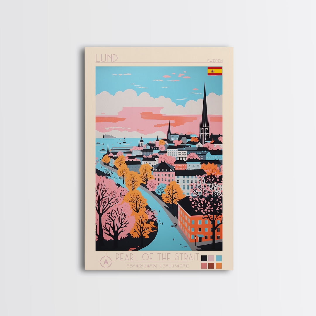 Lund Sweden Travel Poster Framed Canvas Print, Midcentury Modern Art, Pop Art Wall Decor, Scenic Art, Home and Office Decoration