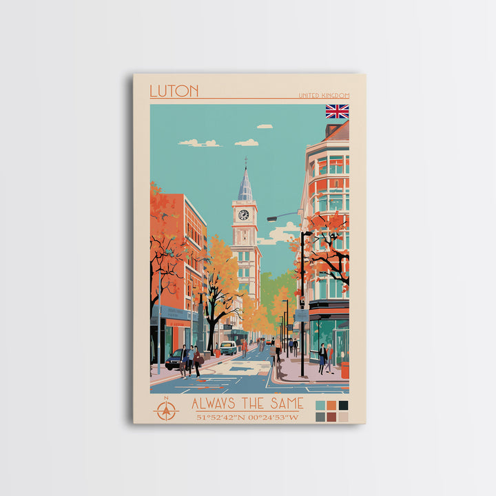Luton United Kingdom Travel Poster Framed Canvas Print, Wall Decor, Midcentury Modern Art, Pop Art, Scenic Art for Living Room and Office