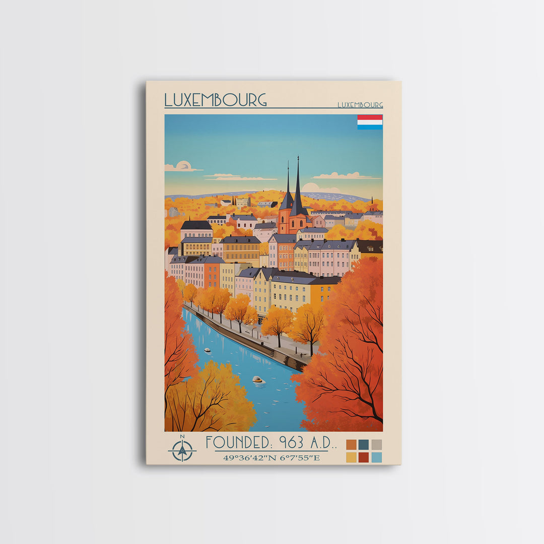 Luxembourg Luxembourg Travel Poster Framed Canvas Print, Midcentury Modern Art, Pop Art Wall Decor, Scenic Art, Bedroom and Living Room Decor
