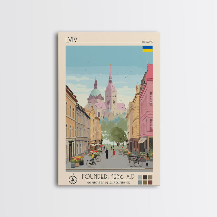 Lviv Ukraine Travel Poster Framed Canvas Print, Wall Decor, Midcentury Modern Art, Pop Art, Scenic Art for Home and Office