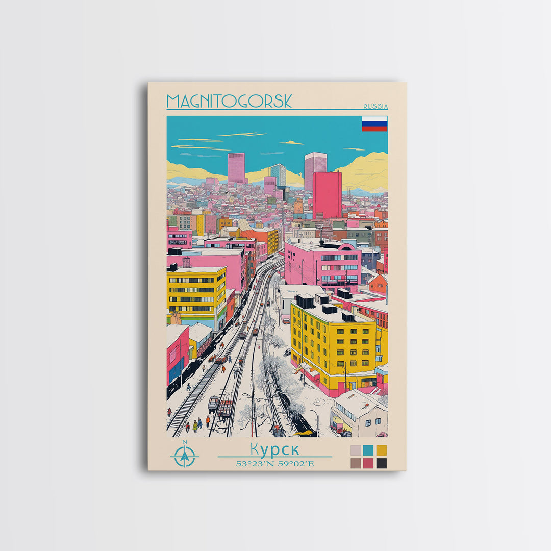 Magnitogorsk Russia Travel Poster Framed Canvas Print, Midcentury Modern Art, Pop Art Wall Decor, Scenic Living Room Art, Bedroom Gift
