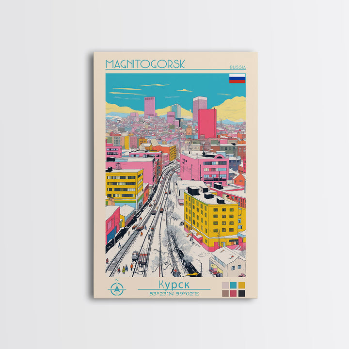Magnitogorsk Russia Travel Poster Framed Canvas Print, Midcentury Modern Art, Pop Art Wall Decor, Scenic Living Room Art, Bedroom Gift