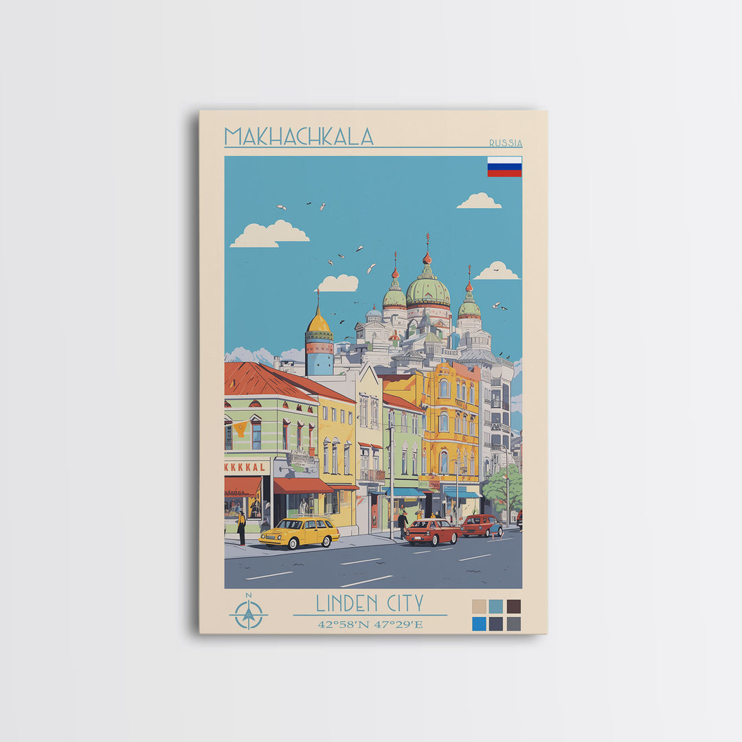 Makhachkala Russia Travel Poster Framed Canvas Print, Midcentury Modern Art, Pop Art Wall Decor, Scenic Wall Art, Living Room Decoration, Office Art
