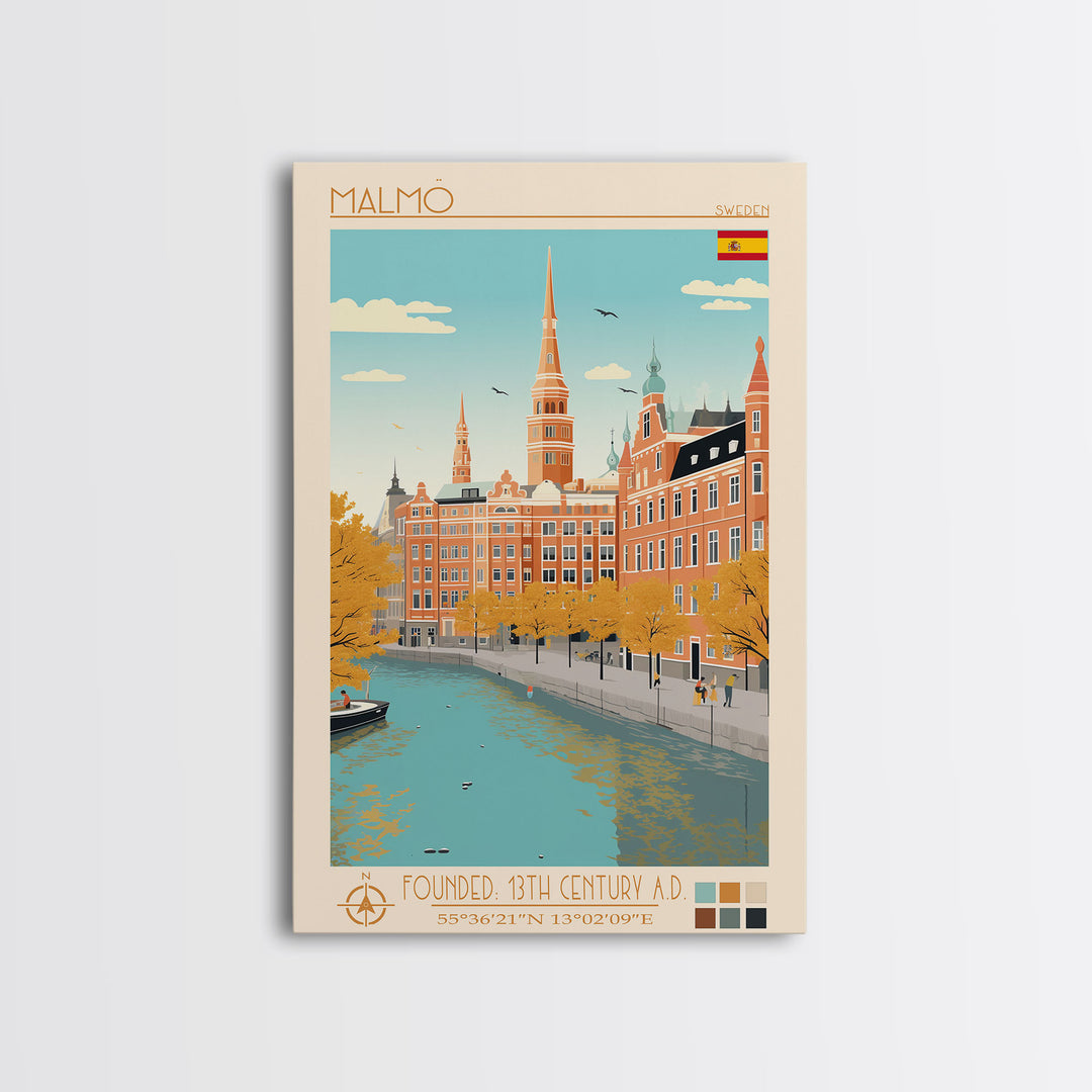 Malmö Sweden Travel Poster Framed Canvas Print, Midcentury Modern Art, Pop Art Wall Decor, Scenic Wall Art, Bedroom Decoration