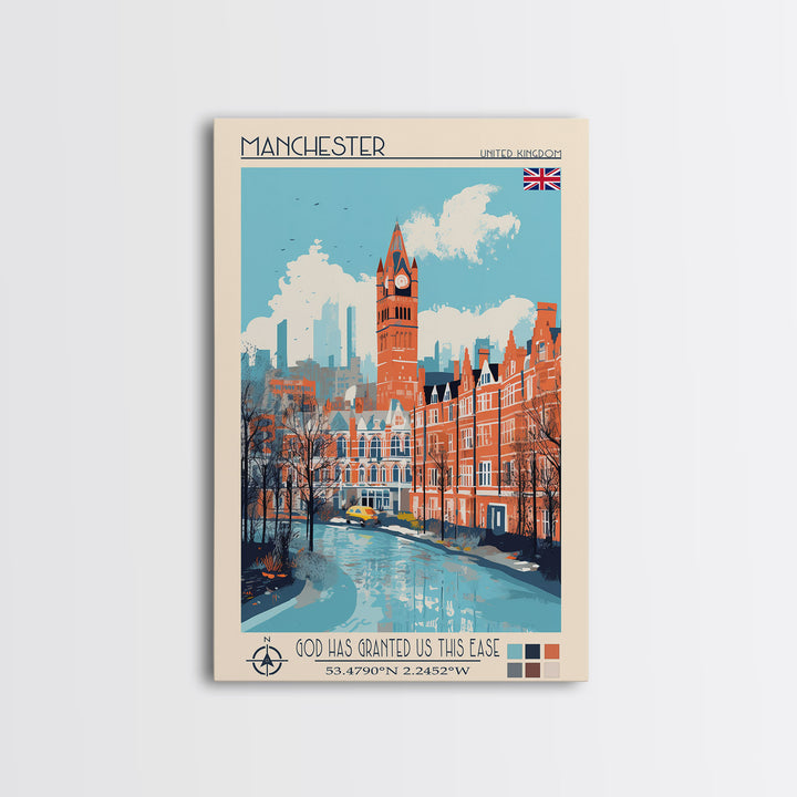 Manchester United Kingdom Travel Poster Framed Canvas Print, Midcentury Modern Art, Pop Art Wall Decor, Scenic Wall Art, Living Room Decoration, Office Art