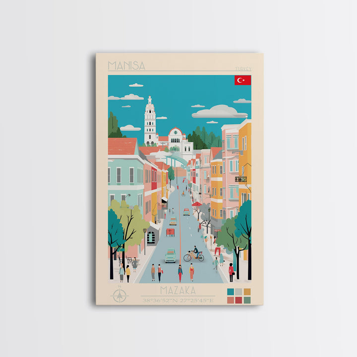 Manisa Turkey Travel Poster Framed Canvas Print, Midcentury Modern Art, Pop Art Wall Decor, Scenic Bedroom Art, Office Decoration
