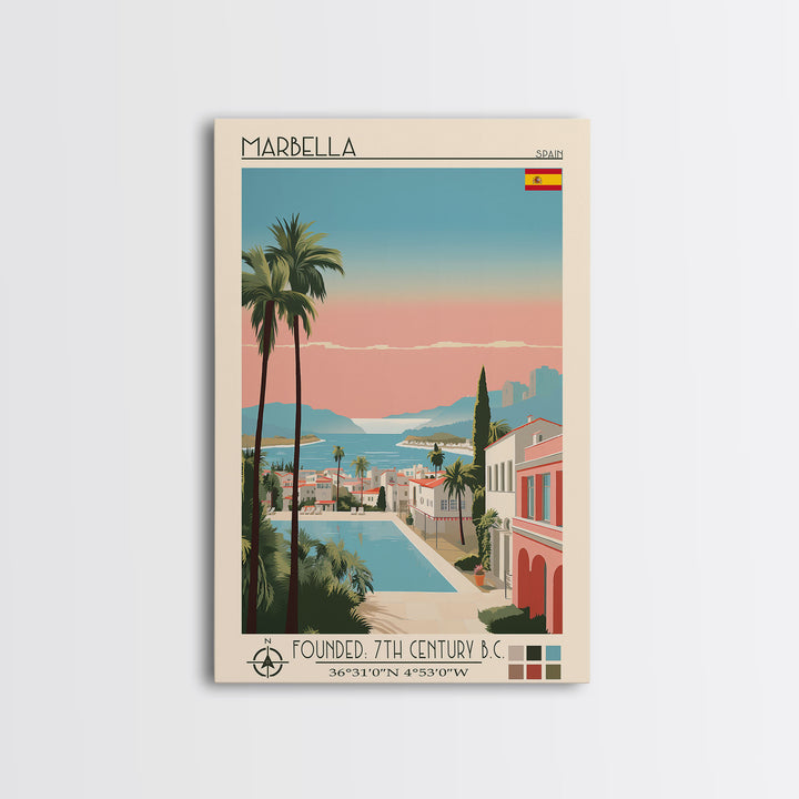 Marbella Spain Travel Poster Framed Canvas Print, Midcentury Modern Art, Pop Art Wall Decor, Scenic Living Room Art, Bedroom Decor