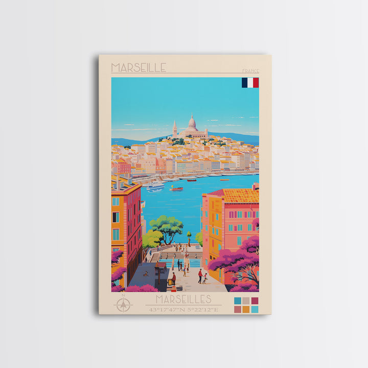 Marseille France Travel Poster Framed Canvas Print, Midcentury Modern Art, Pop Art Wall Decor, Scenic Living Room Art, Bedroom Gift