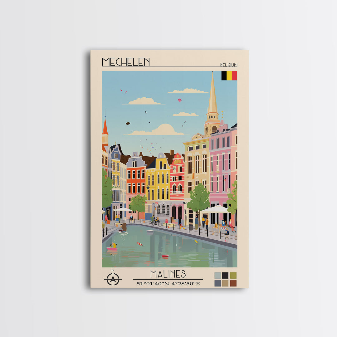 Mechelen Belgium Travel Poster Framed Canvas Print, Midcentury Modern Art, Pop Art Wall Decor, Home Decor, Vacation Gift, Bedroom Art