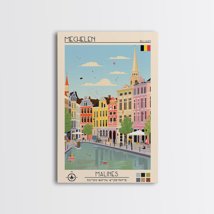 Mechelen Belgium Travel Poster Framed Canvas Print, Midcentury Modern Art, Pop Art Wall Decor, Home Decor, Vacation Gift, Bedroom Art