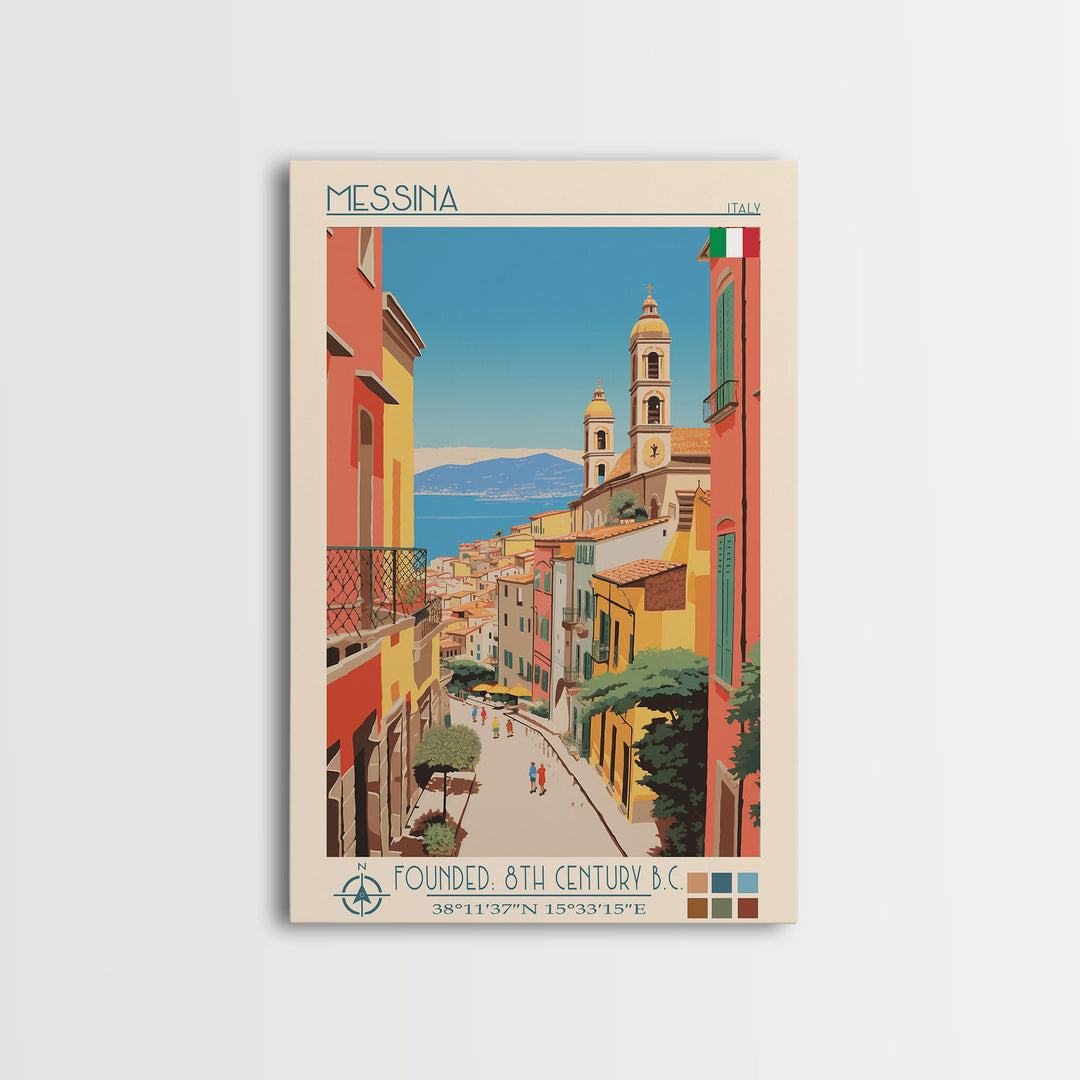 Messina Italy Travel Poster Framed Canvas Print, Midcentury Modern Art, Pop Art Wall Decor, Scenic Wall Art, Bedroom Decoration