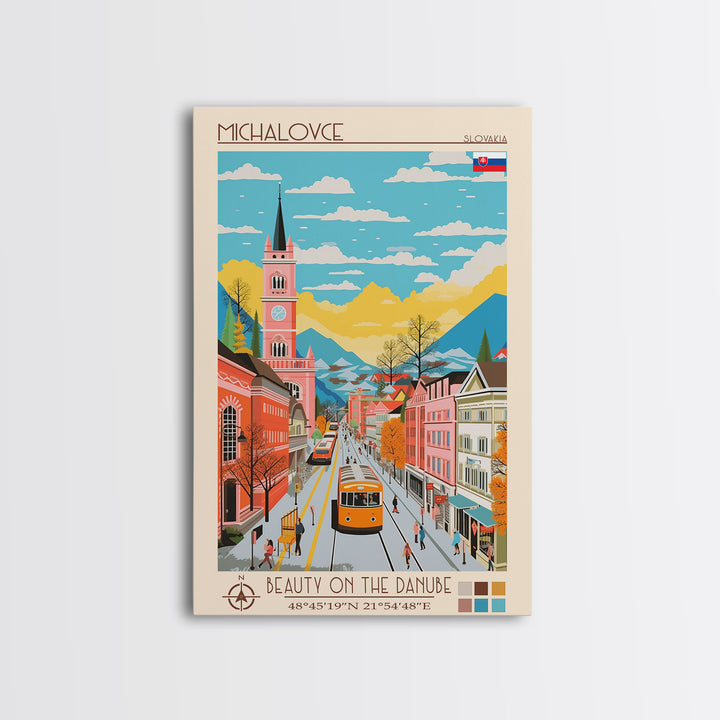 Michalovce Slovakia Travel Poster Framed Canvas Print, Midcentury Modern Art, Pop Art Wall Decor, Scenic Wall Art, Living Room Decoration, Office Art