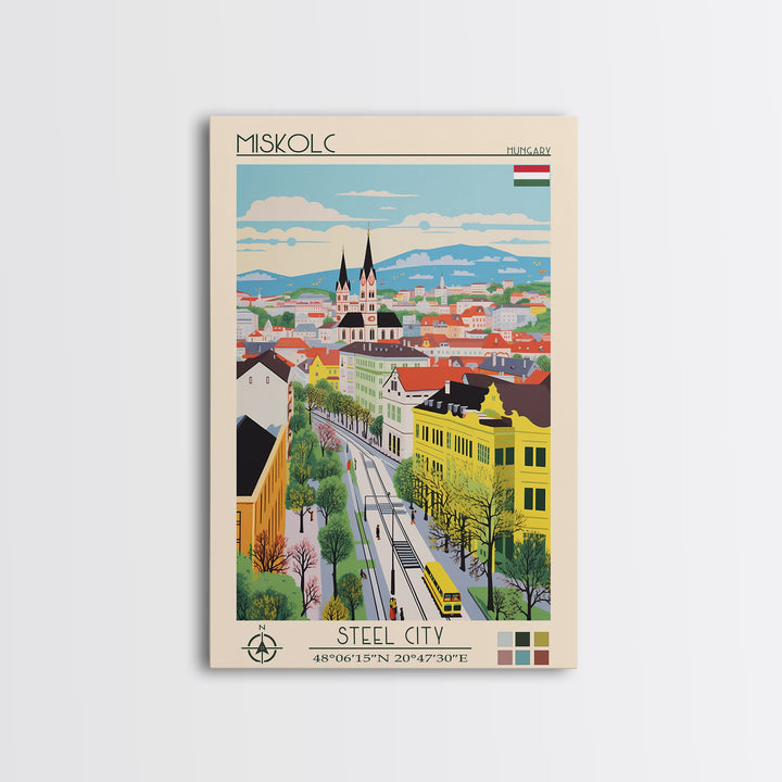 Miskolc Hungary Travel Poster Framed Canvas Print, Midcentury Modern Art, Pop Art Wall Decor, Scenic Living Room Art, Bedroom Decor
