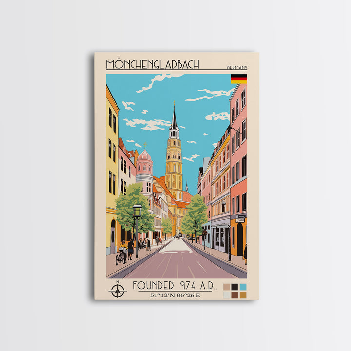Mönchengladbach Germany Travel Poster Framed Canvas Print, Midcentury Modern Art, Pop Art Wall Decor, Scenic Living Room Art, Bedroom Gift