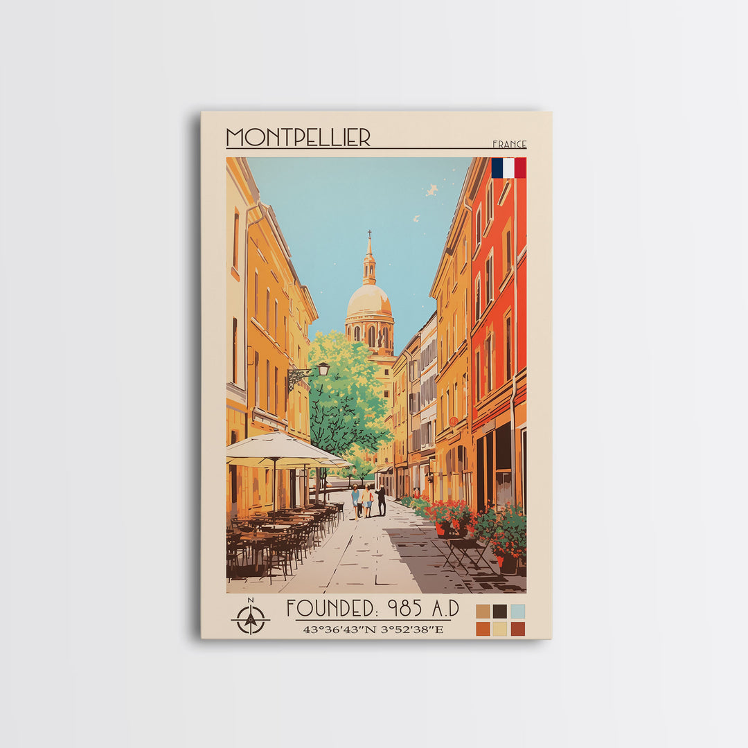 Montpellier France Travel Poster Framed Canvas Print, Midcentury Modern Art, Pop Art Wall Decor, Scenic Living Room Art, Bedroom Gift