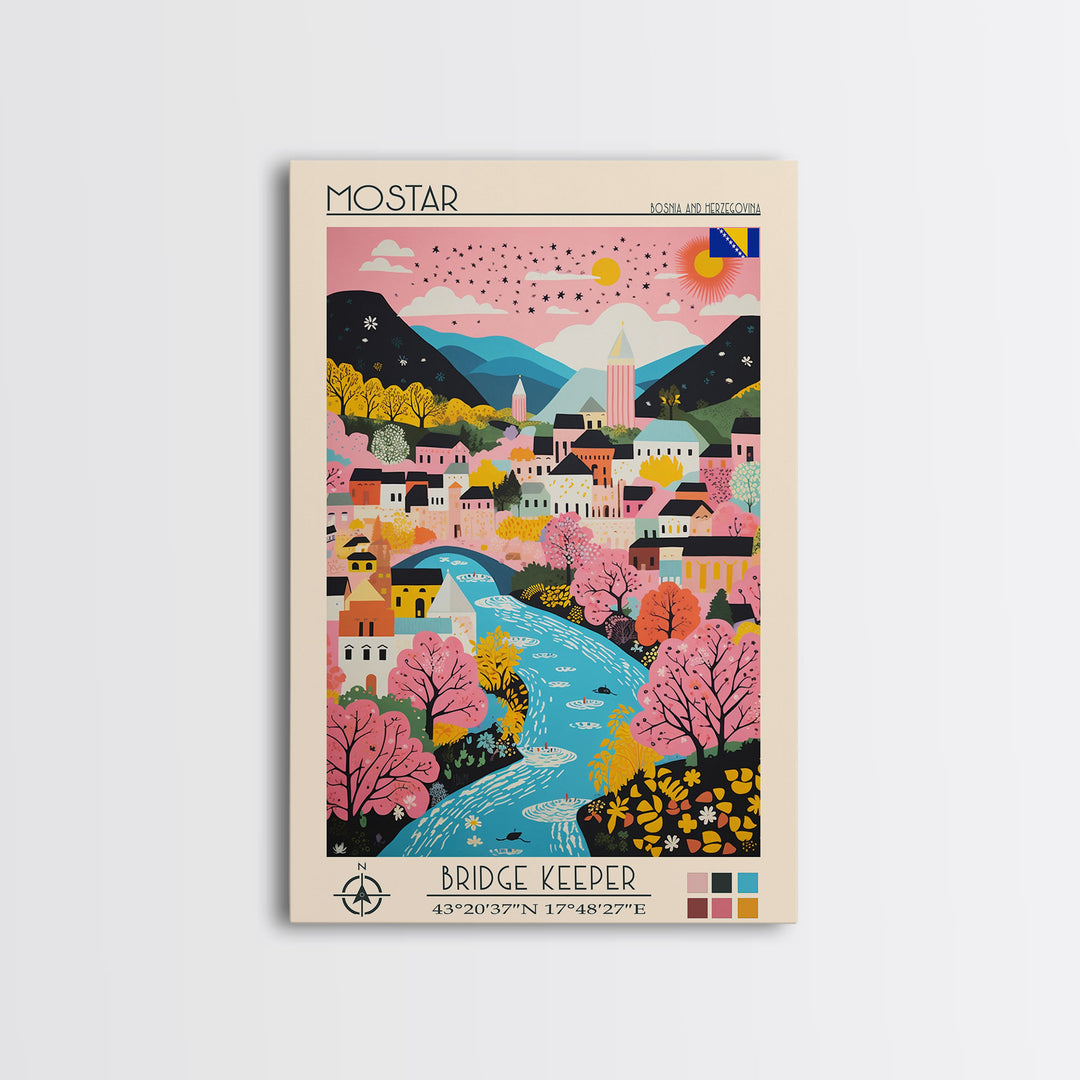 Mostar Bosnia and Herzegovina Travel Poster Framed Canvas Print, Midcentury Modern Art, Pop Art Wall Decor, Home Decor, Vacation Gift, Bedroom Art