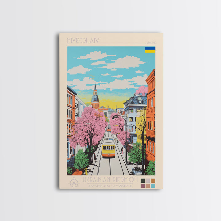 Mykolaiv Ukraine Travel Poster Framed Canvas Print, Midcentury Modern Art, Pop Art Wall Decor, Scenic Bedroom Art, Office Decoration