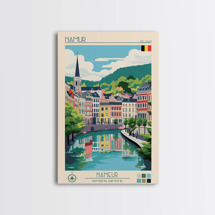 Namur Belgium Travel Poster Framed Canvas Print, Midcentury Modern Art, Pop Art Wall Decor, Scenic Wall Art, Living Room Decoration, Office Gift
