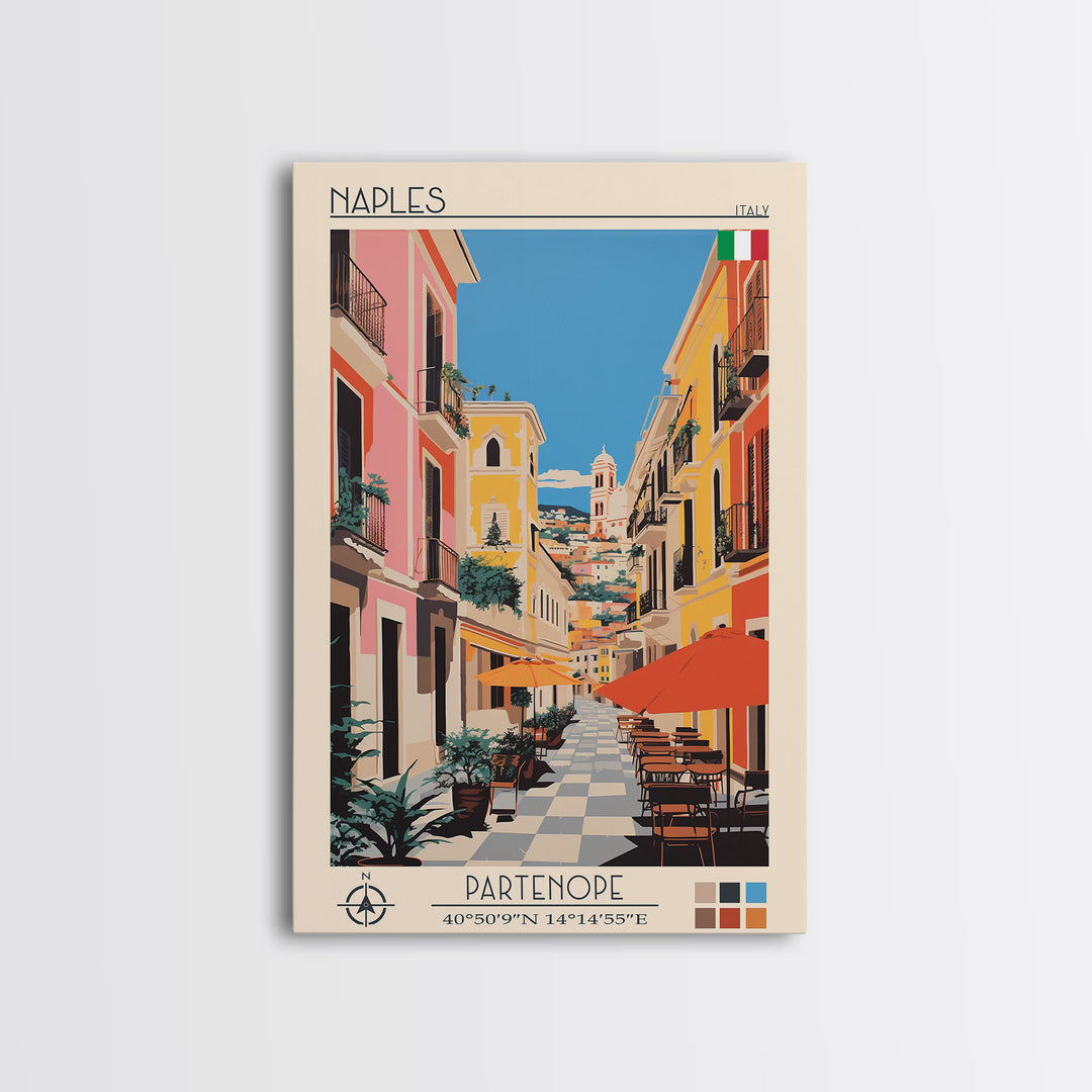 Naples Italy Travel Poster Framed Canvas Print, Midcentury Modern Art, Pop Art Wall Decor, Scenic Wall Art, Living Room Decoration, Office Art