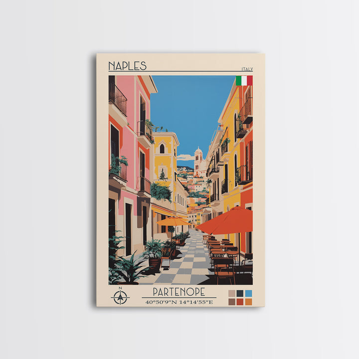 Naples Italy Travel Poster Framed Canvas Print, Midcentury Modern Art, Pop Art Wall Decor, Scenic Wall Art, Living Room Decoration, Office Art