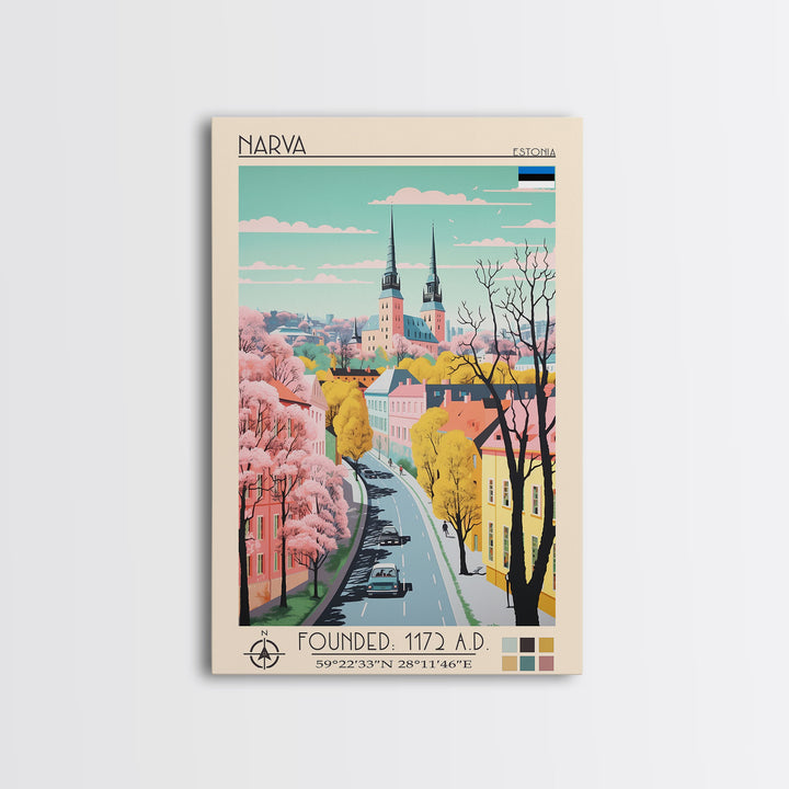 Narva Estonia Travel Poster Framed Canvas Print, Midcentury Modern Art, Pop Art Wall Decor, Scenic Bedroom Art, Office Decoration