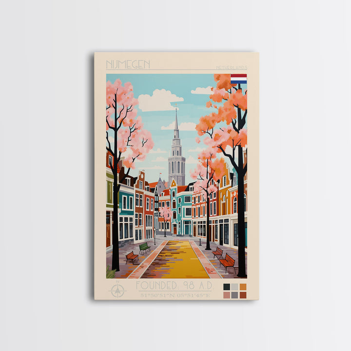 Nijmegen Netherlands Travel Poster Framed Canvas Print, Midcentury Modern Art, Pop Art Wall Decor, Scenic Living Room Art, Bedroom Gift