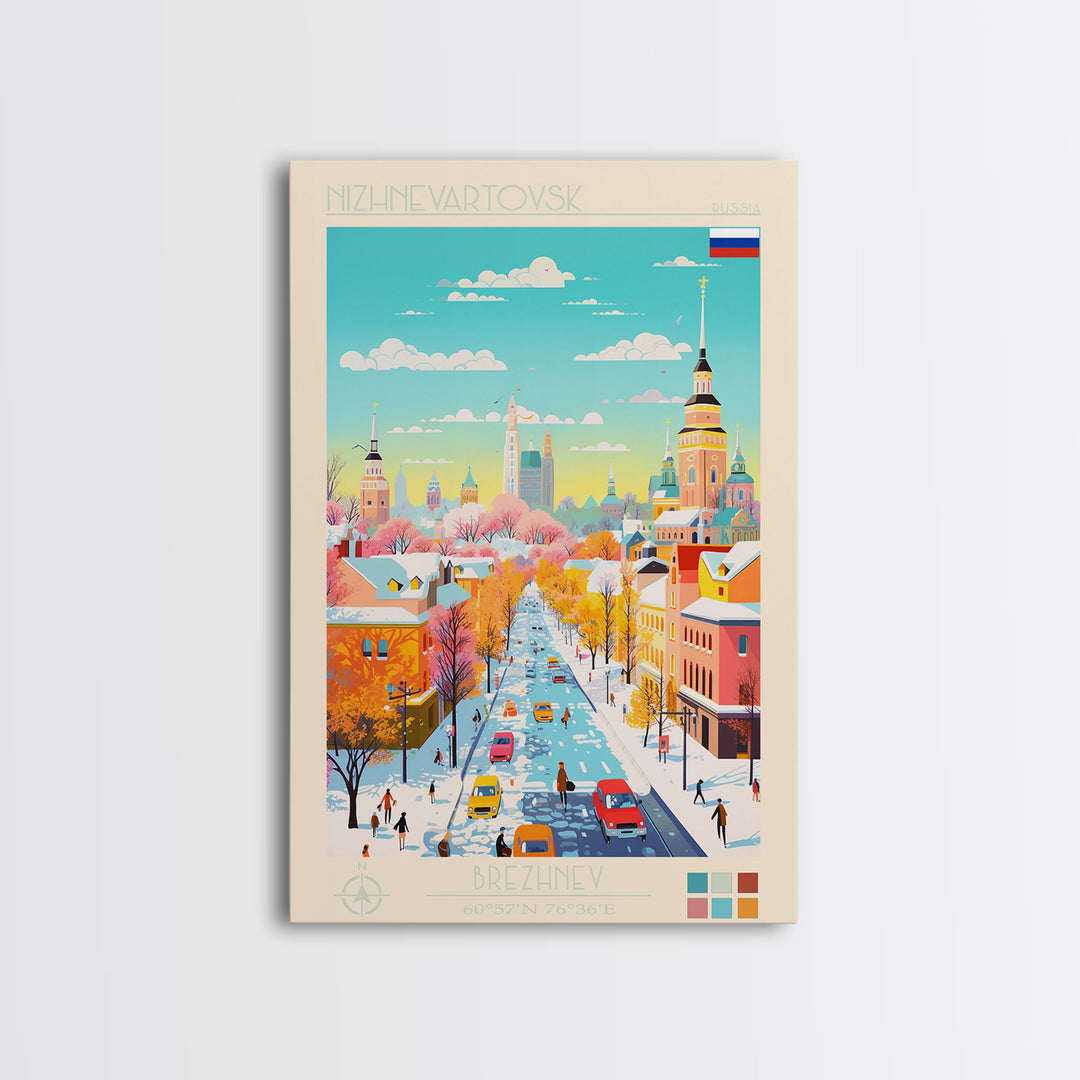 Nizhnevartovsk Russia Travel Poster Framed Canvas Print, Midcentury Modern Art, Pop Art Wall Decor, Scenic Wall Art, Living Room Decoration, Office Art