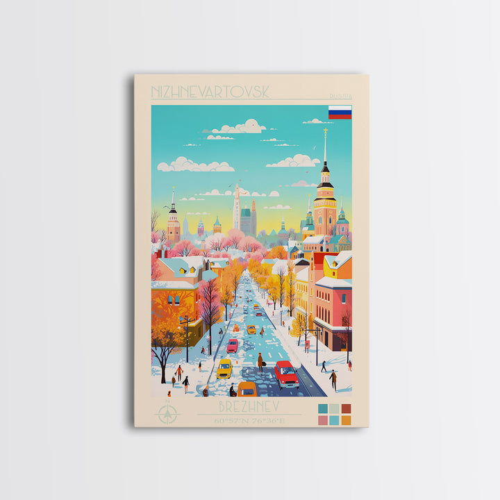 Nizhnevartovsk Russia Travel Poster Framed Canvas Print, Midcentury Modern Art, Pop Art Wall Decor, Scenic Wall Art, Living Room Decoration, Office Art