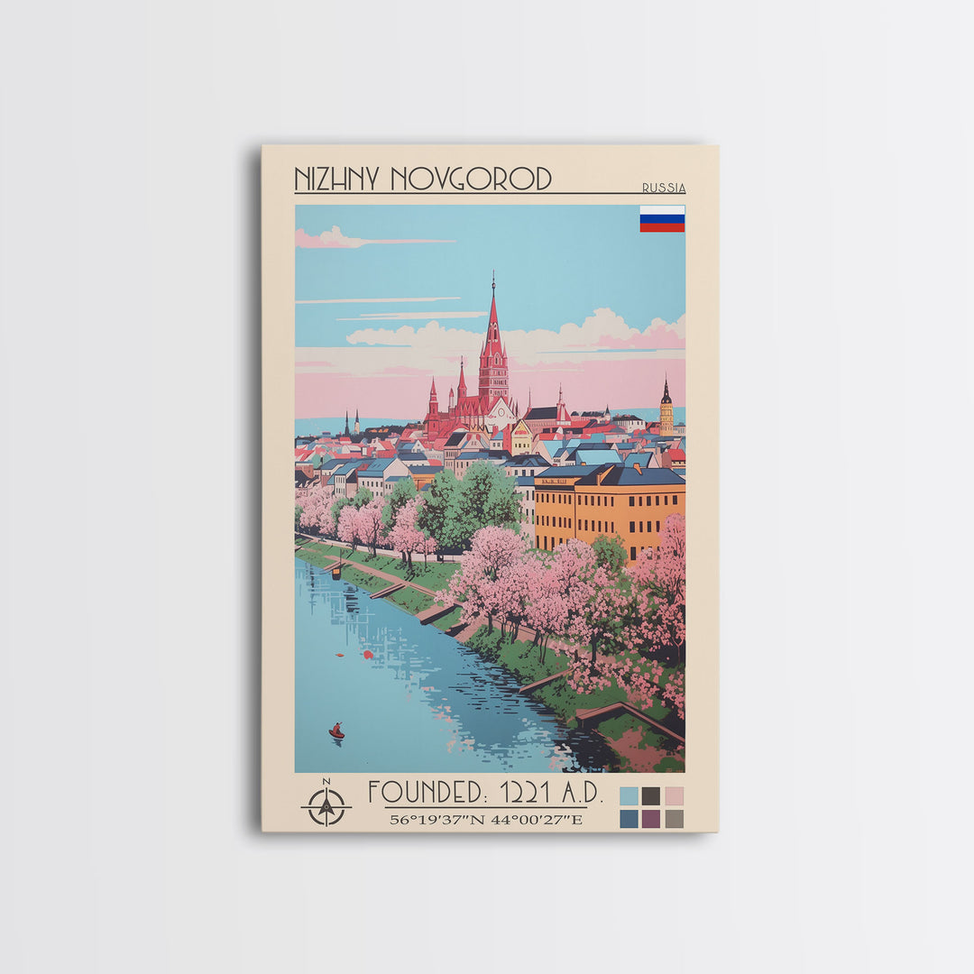 Nizhny Novgorod Russia Travel Poster Framed Canvas Print, Midcentury Modern Art, Pop Art Wall Decor, Scenic Bedroom Art, Office Decoration