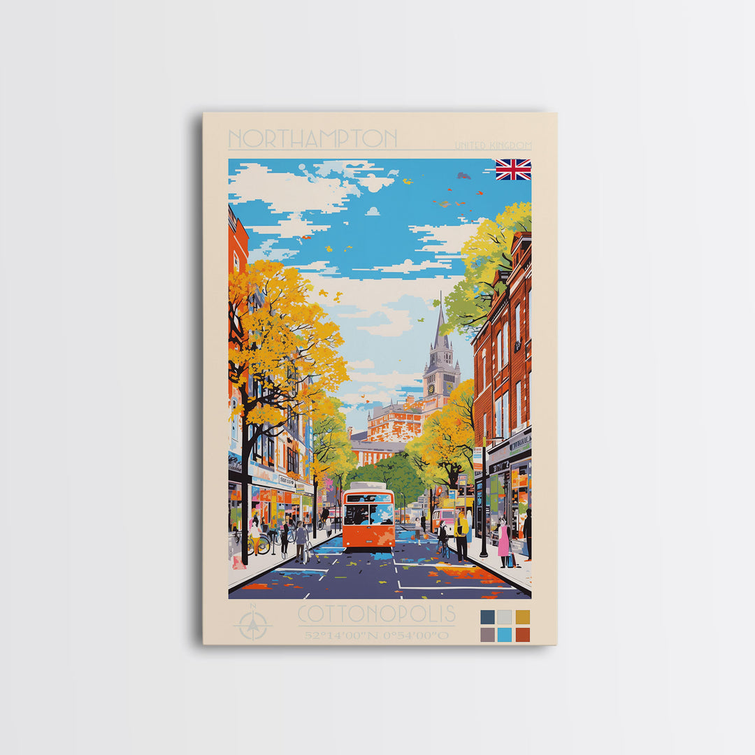 Northampton United Kingdom Travel Poster Framed Canvas Print, Midcentury Modern Art, Pop Art Wall Decor, Scenic Living Room Art, Bedroom Gift
