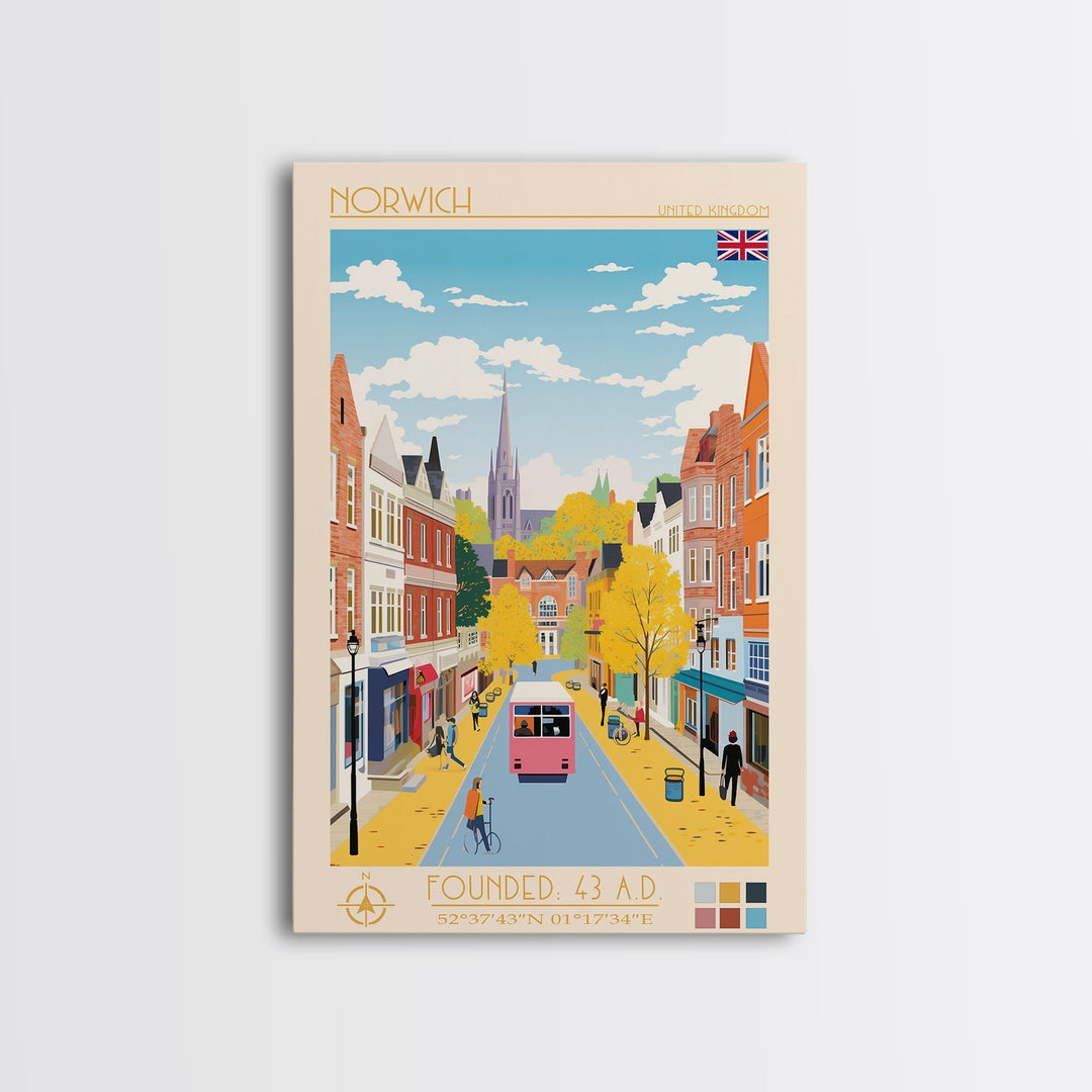 Norwich United Kingdom Travel Poster Framed Canvas Print, Midcentury Modern Art, Pop Art Wall Decor, Scenic Wall Art, Living Room Decoration, Office Art