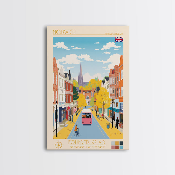 Norwich United Kingdom Travel Poster Framed Canvas Print, Midcentury Modern Art, Pop Art Wall Decor, Scenic Wall Art, Living Room Decoration, Office Art