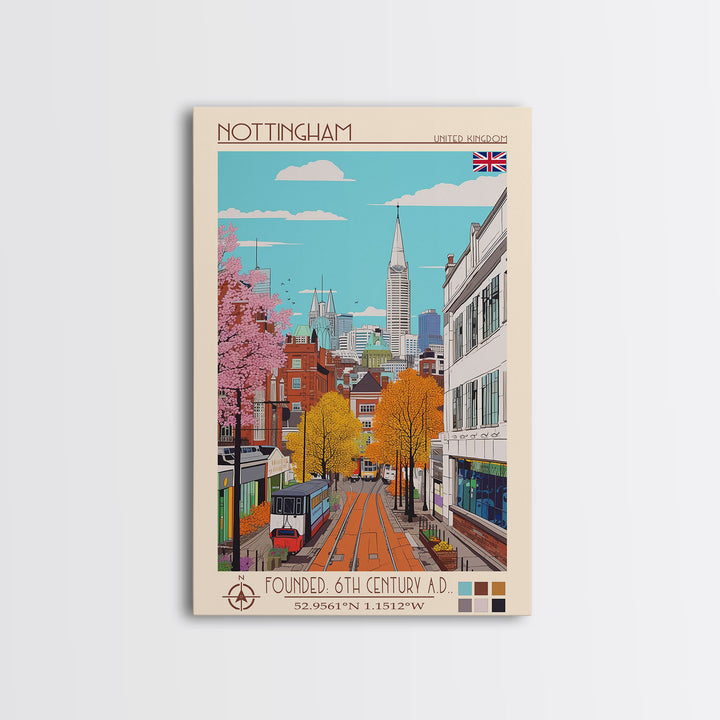 Nottingham United Kingdom Travel Poster Framed Canvas Print, Midcentury Modern Art, Pop Art Wall Decor, Home Decor, Vacation Gift, Bedroom Art