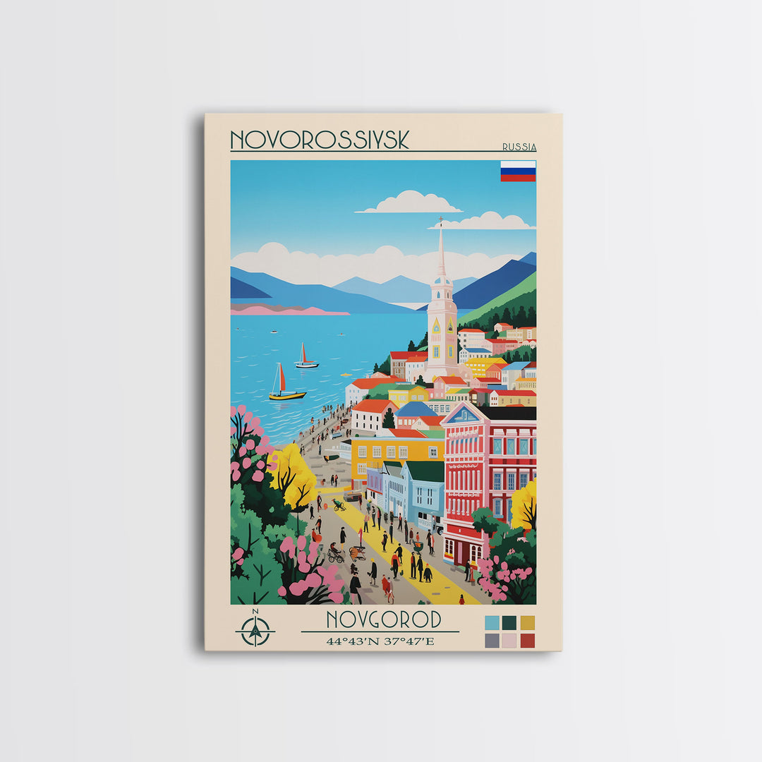 Novorossiysk Russia Travel Poster Framed Canvas Print, Midcentury Modern Art, Pop Art Wall Decor, Scenic Bedroom Art, Office Decoration