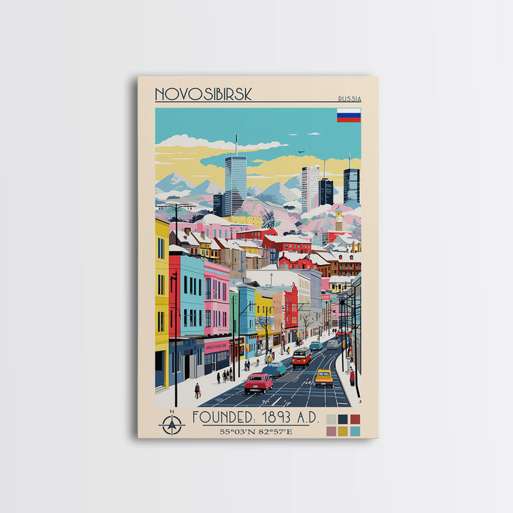 Novosibirsk Russia Travel Poster Framed Canvas Print, Midcentury Modern Art, Pop Art Wall Decor, Scenic Living Room Art, Bedroom Decor